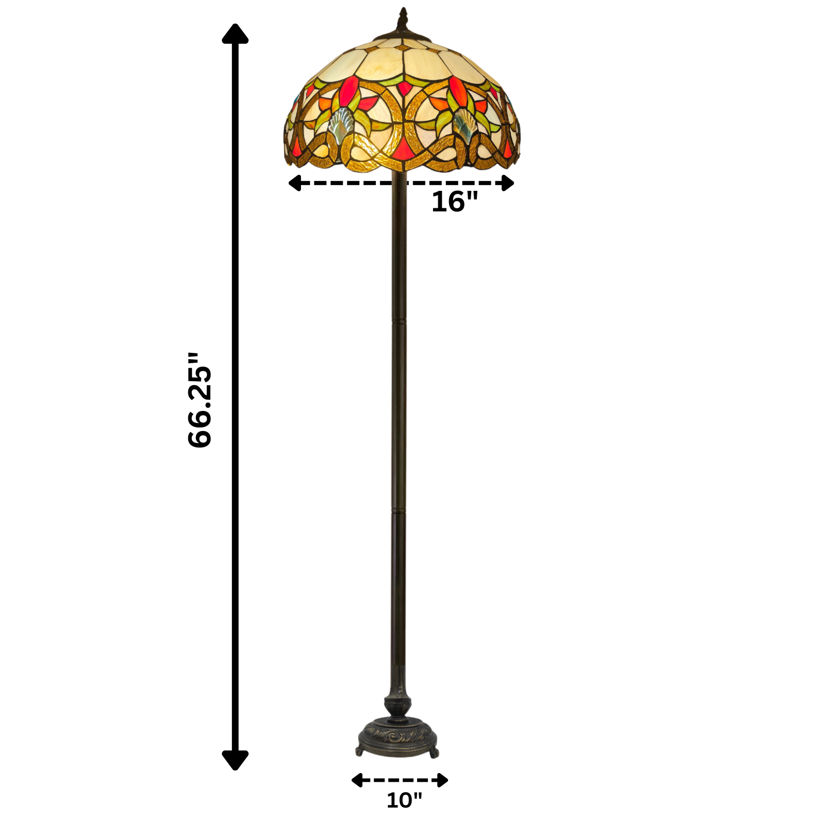 measurements of a 16 inch large multicolor stained glass tiffany floor lamp