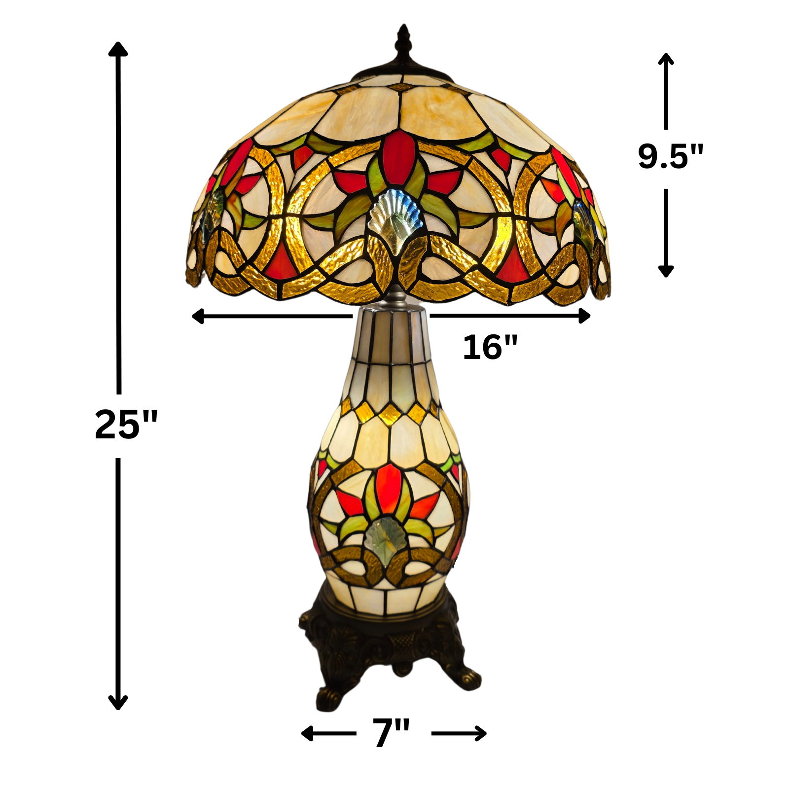 measurements of a 16 inch multicolor stained glass tiffany cluster table lamp