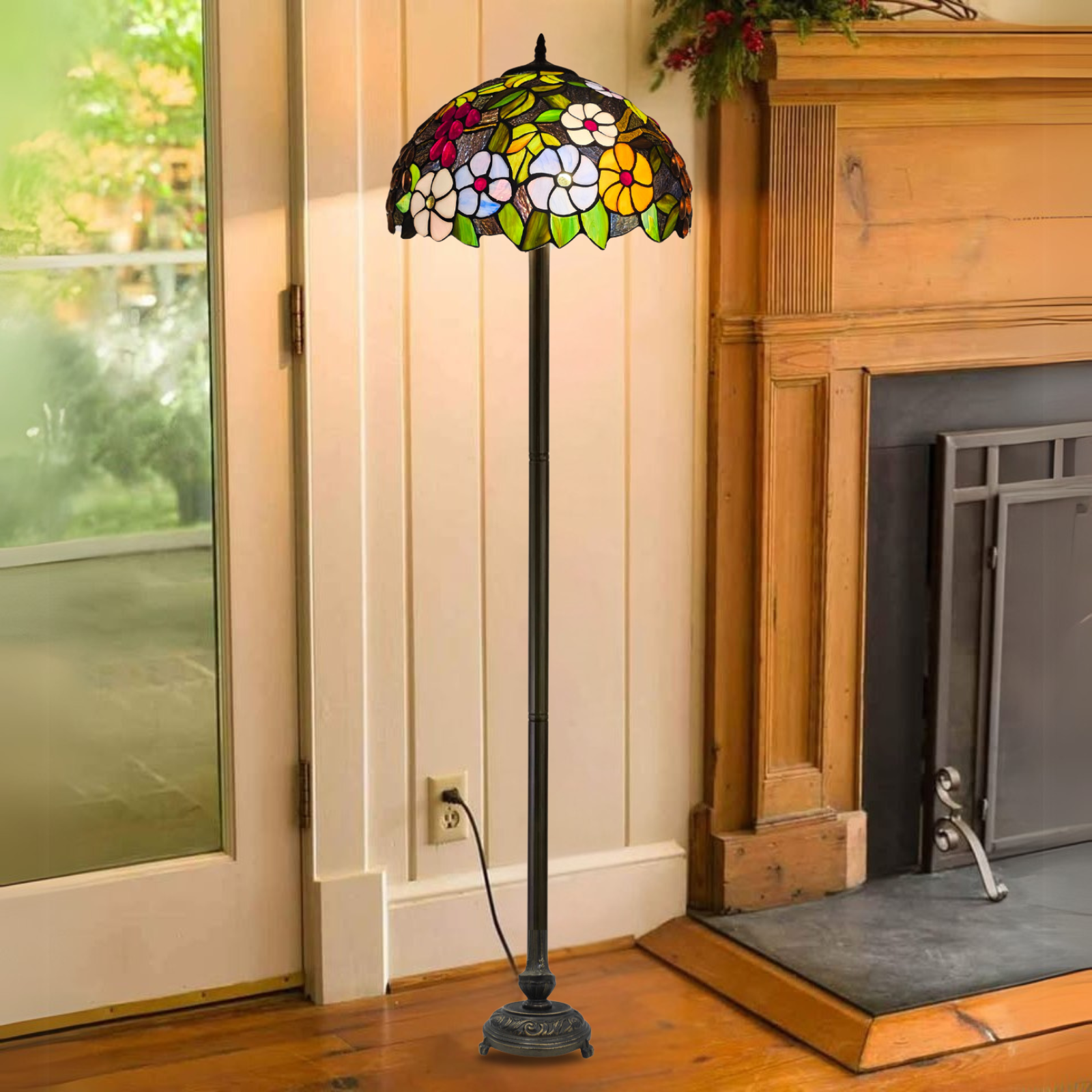 stained glass floral tiffany large floor lamp placed in a living room with wooden flooring