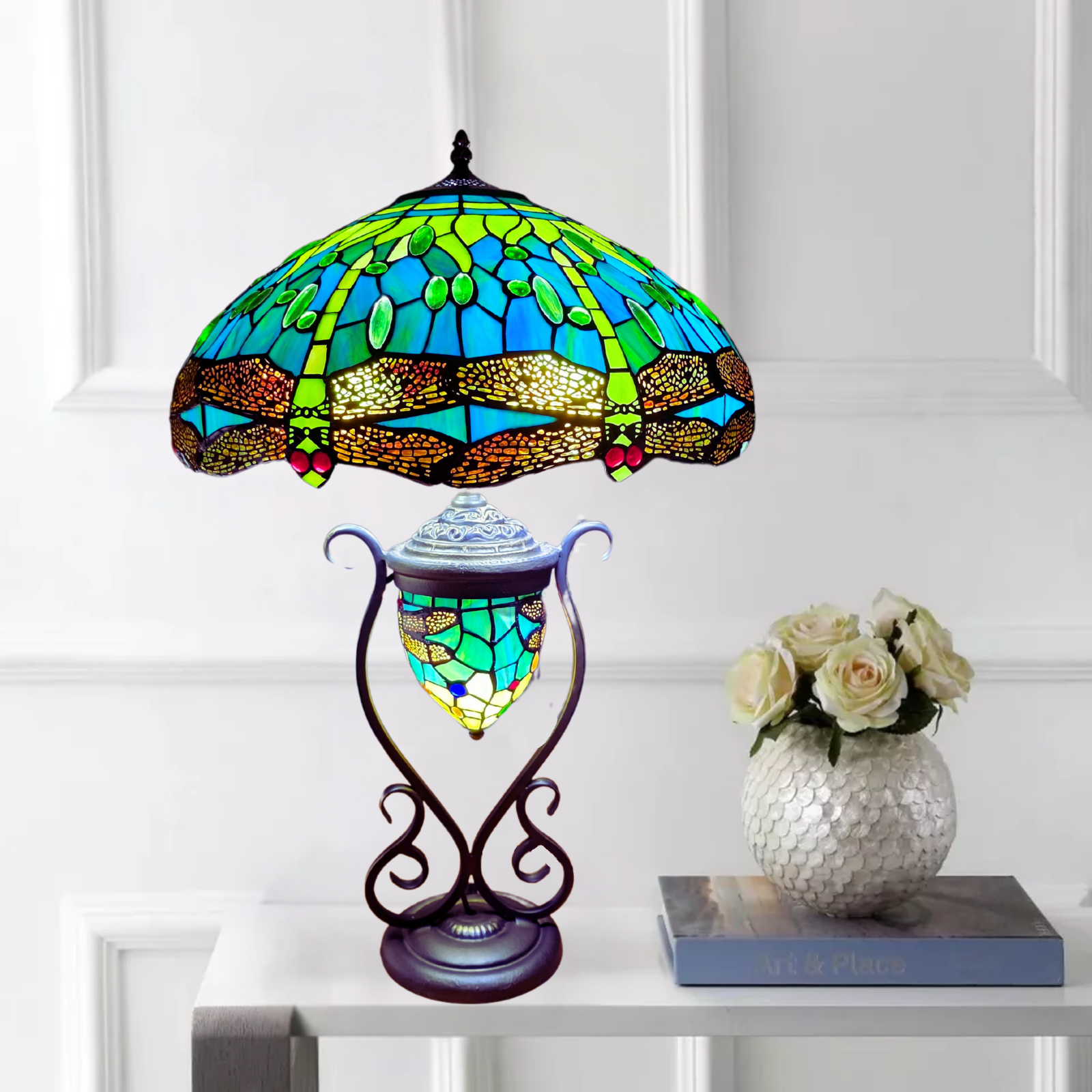 Green antique tiffany style 18 inch cluster table lamp with stained glass and metal base