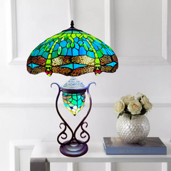 Green antique tiffany style 18 inch cluster table lamp with stained glass and metal base