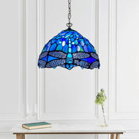 Blue & Black Dragonfly Tiffany Style Pendant Lamp 10 inch Stained Glass Shade