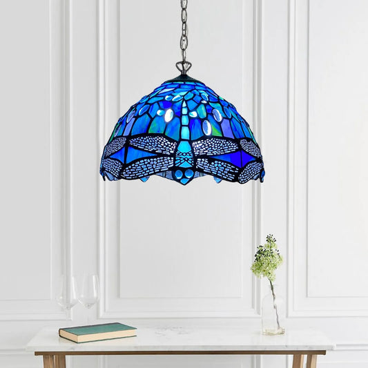 Blue & Black Dragonfly Tiffany Style Pendant Lamp 10 inch Stained Glass Shade