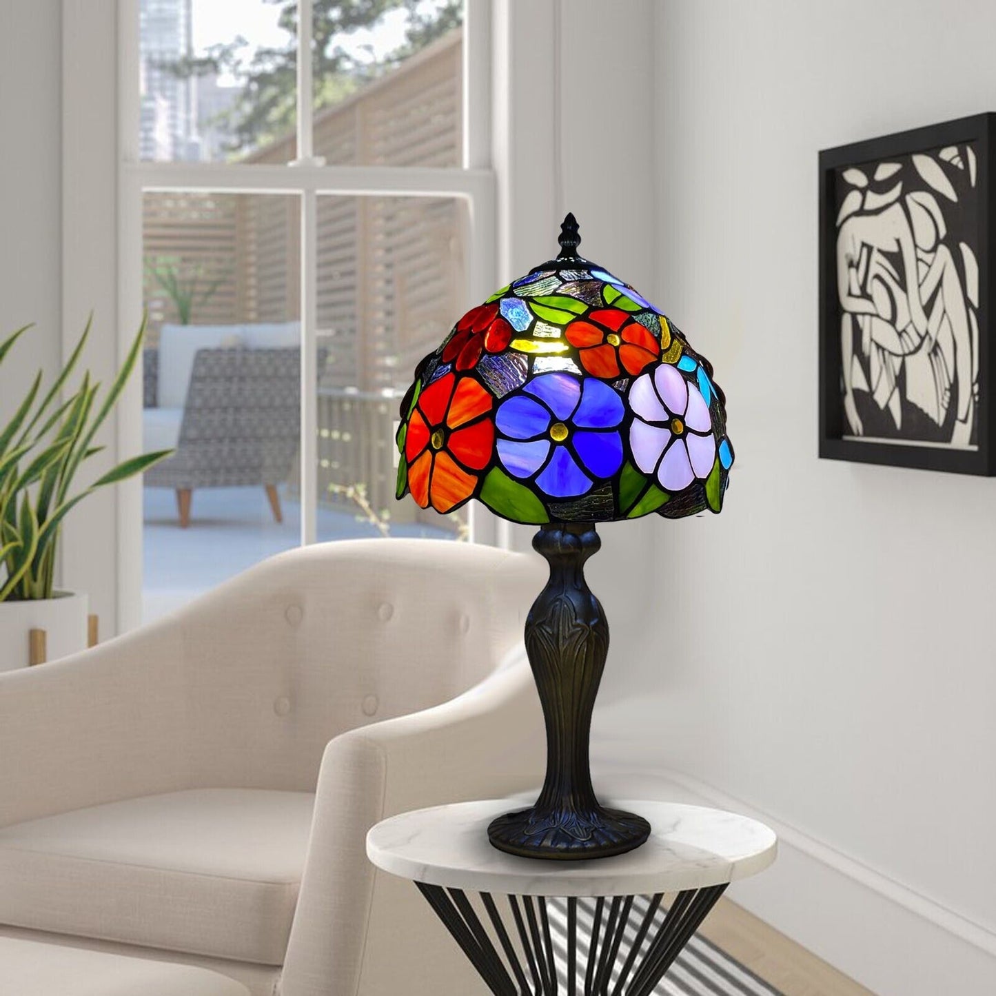 10 Inch Tiffany Style Table Lamp Flower Design Stained Glass Handcrafted Light Desk Lamps