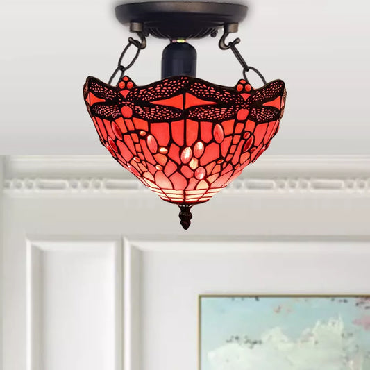 Red Color Dragonfly Design Ceiling Light Tiffany Style 10 inch Stained Glass Shade