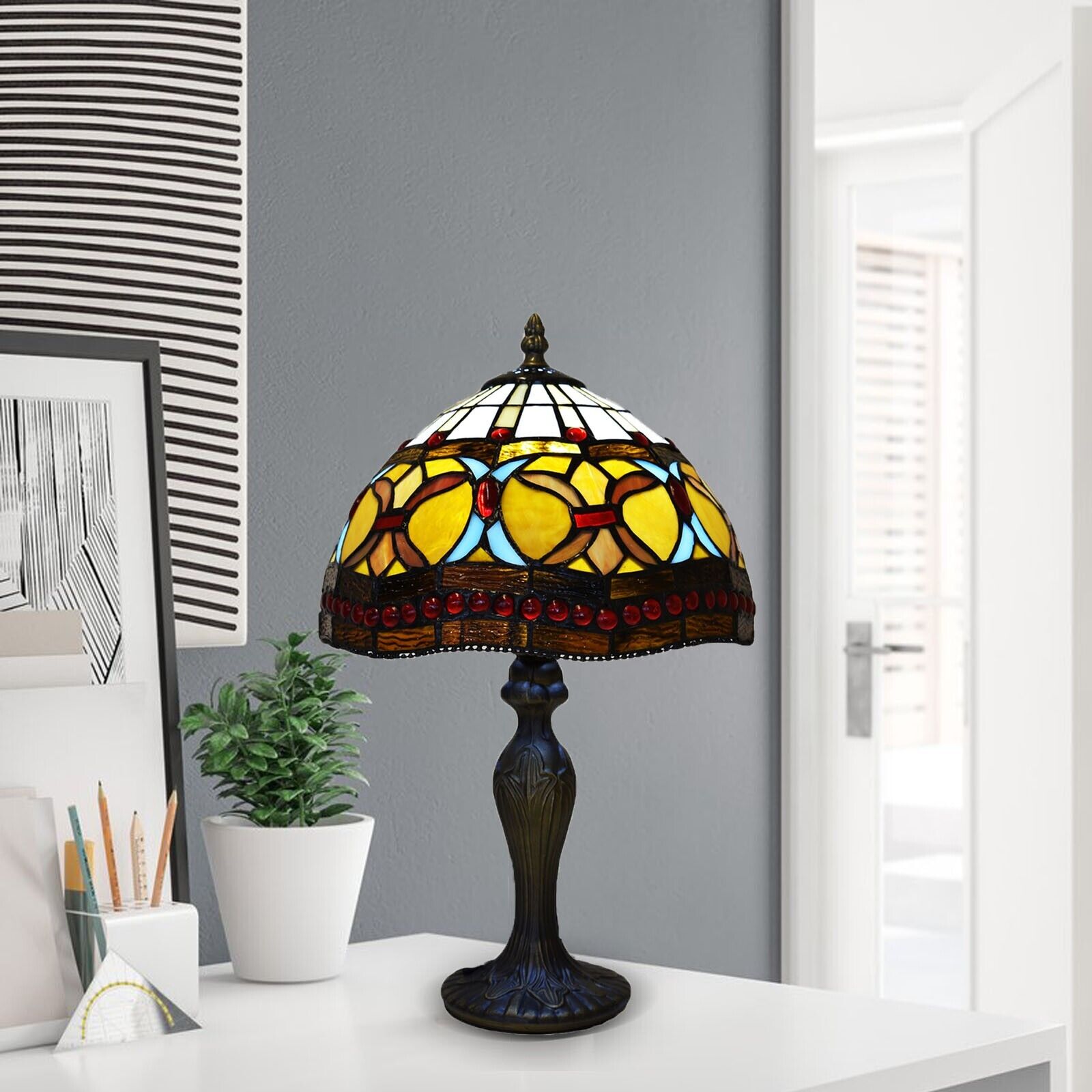 10 Inch Tiffany Style Handmade Stained Glass Table Lamp Multicolor