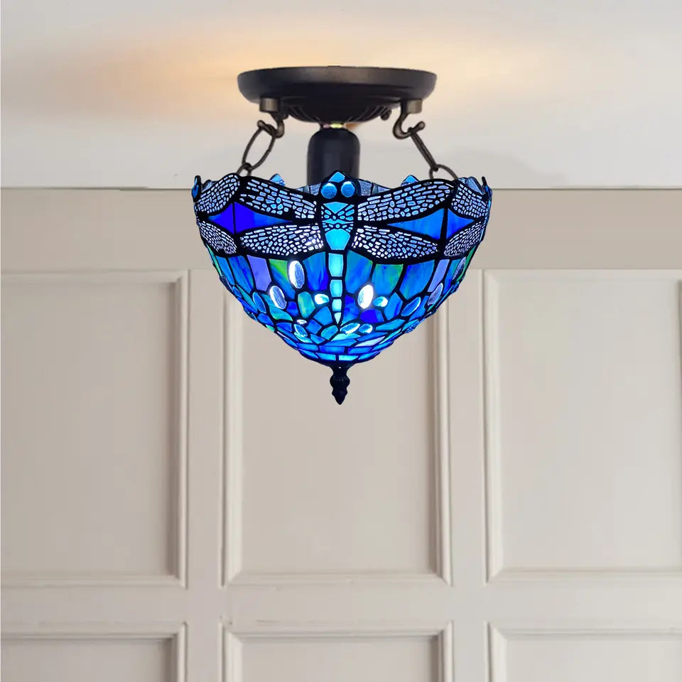 10 inch Tiffany Blue Dragonfly Ceiling Lamp Stained Glass Shade Antique Style