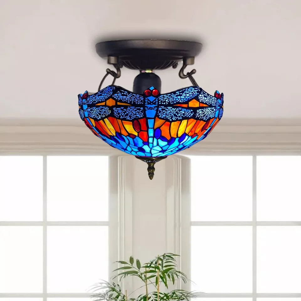 Blue & Orange Tiffany Dragonfly Style Ceiling Lamp 16 Inch Stained Glass Shade