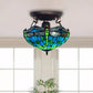 Handmade 16 inch Tiffany Green Dragonfly Style Ceiling Lamp Stained Glass Shade