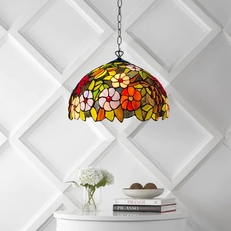 16 Inch Flowered Design Tiffany Style Stained Glass Pendent Light