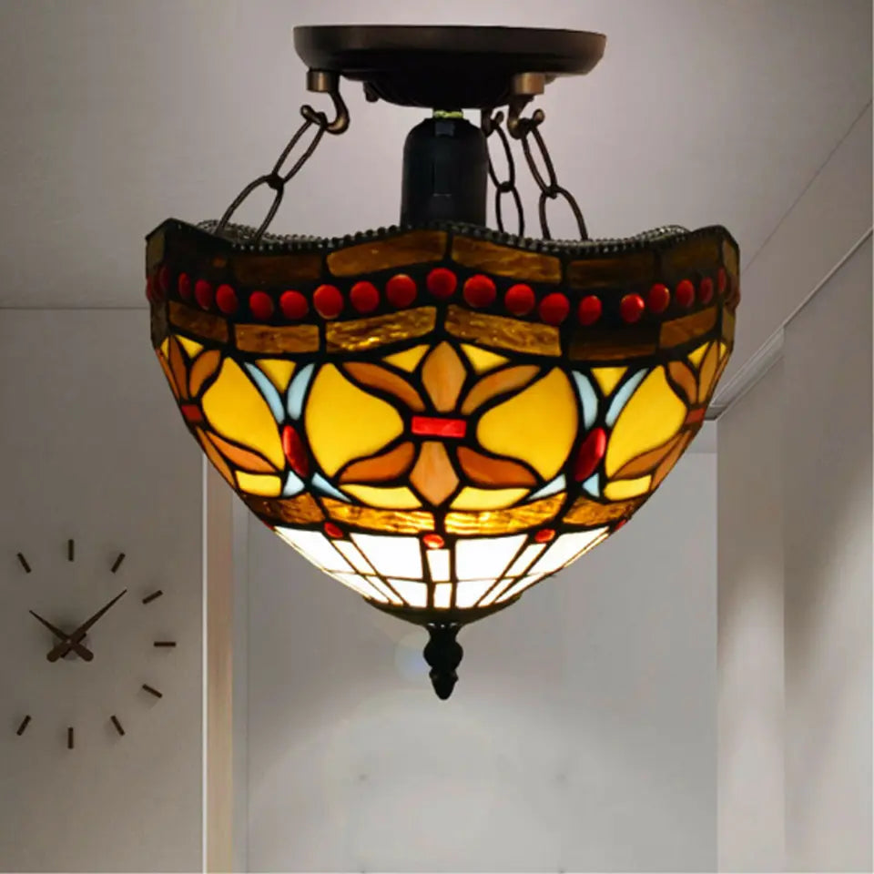 Tiffany Style Ceiling Light Style 10 inch Handmade Multicolor Stained Glass