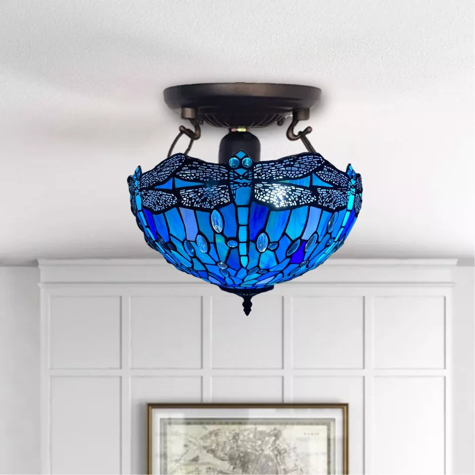 Ceiling Light Blue Dragonfly Tiffany Style 16-inch Stained Glass Shade UK