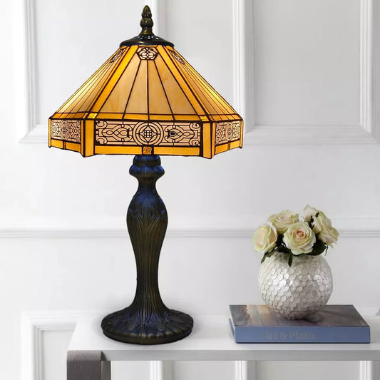 Yellow Hexagonal 16 Inch Tiffany Style Table Lamp Handcrafted Stained Glass Bedside Desk Lamp