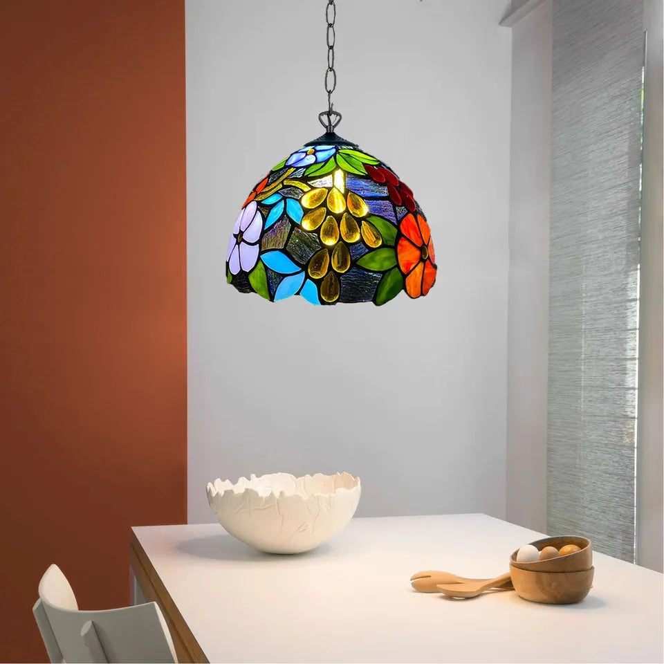 Tiffany 10 inch Flowered Style Pendant Lamp Multicolored Stained Glass Shade