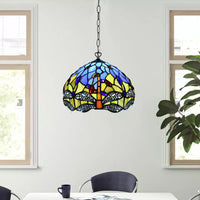 10 inch Blue & Yellow Antique Tiffany Style Pendant Lamp Dragonfly Stained Glass Shade
