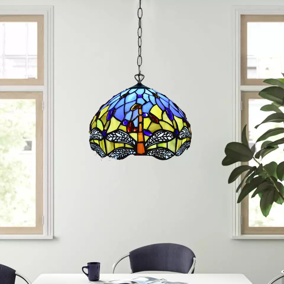 10 inch Blue & Yellow Antique Tiffany Style Pendant Lamp Dragonfly Stained Glass Shade