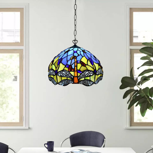 10 inch Blue & Yellow Antique Tiffany Style Pendant Lamp Dragonfly Stained Glass Shade