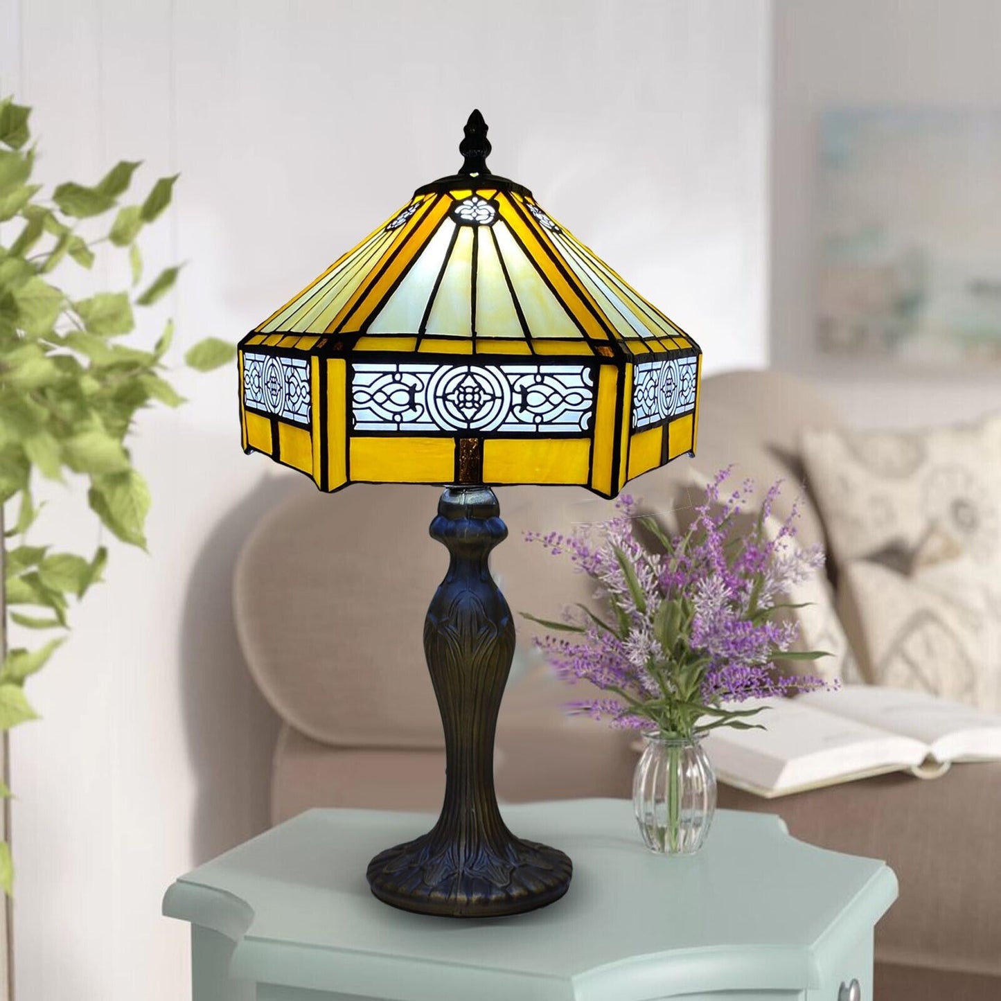 Tiffany Style Table Lamp Yellow Hexagon Handcrafted Multicolor Stained Glass UK