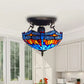 Blue & Orange Tiffany Dragonfly Style Ceiling Lamp 16 Inch Stained Glass Shade