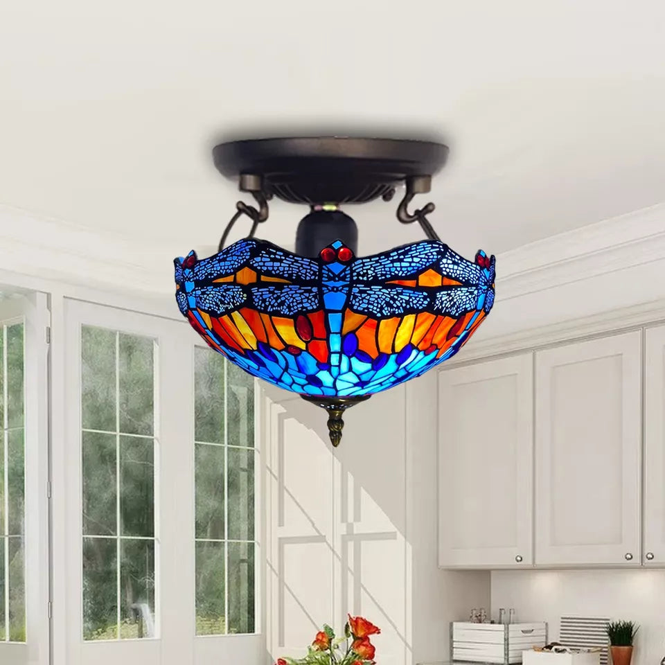 Blue & Orange Tiffany Dragonfly Style Ceiling Lamp 16 Inch Stained Glass Shade