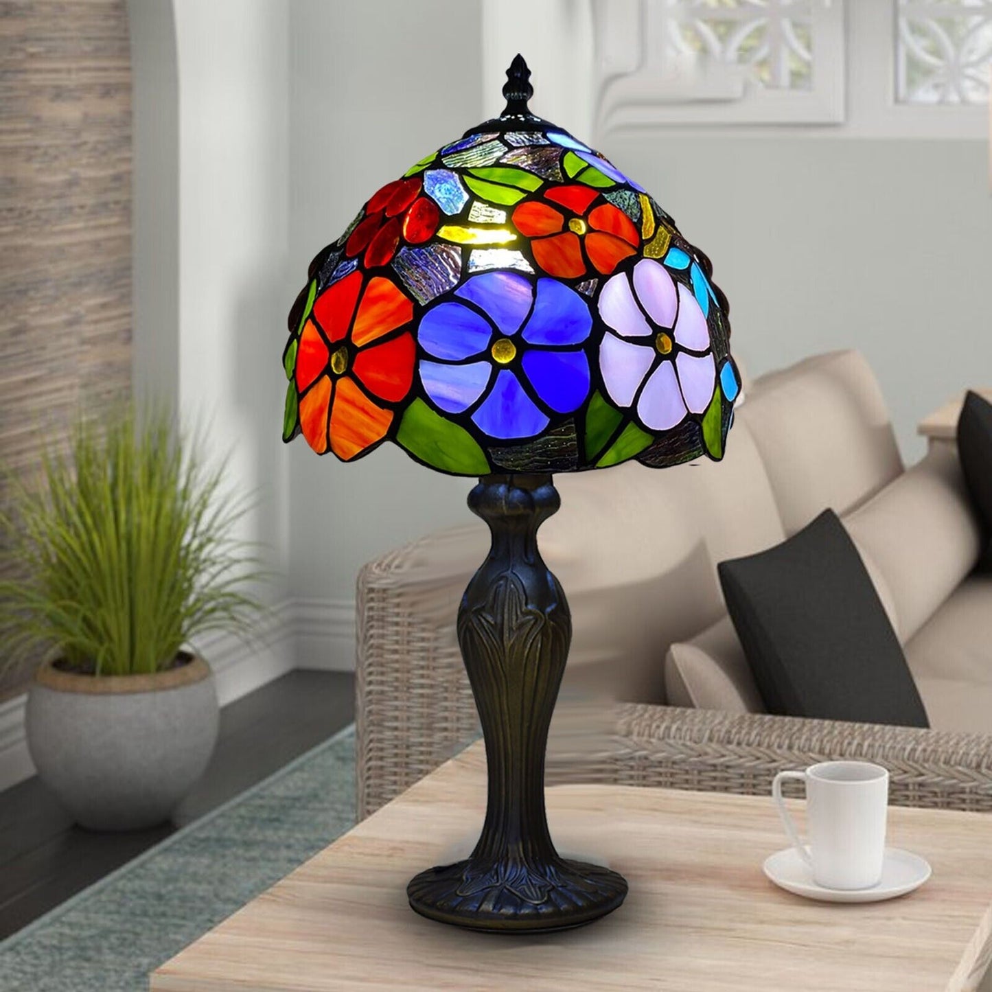 10 Inch Tiffany Style Table Lamp Flower Design Stained Glass Handcrafted Light Desk Lamps