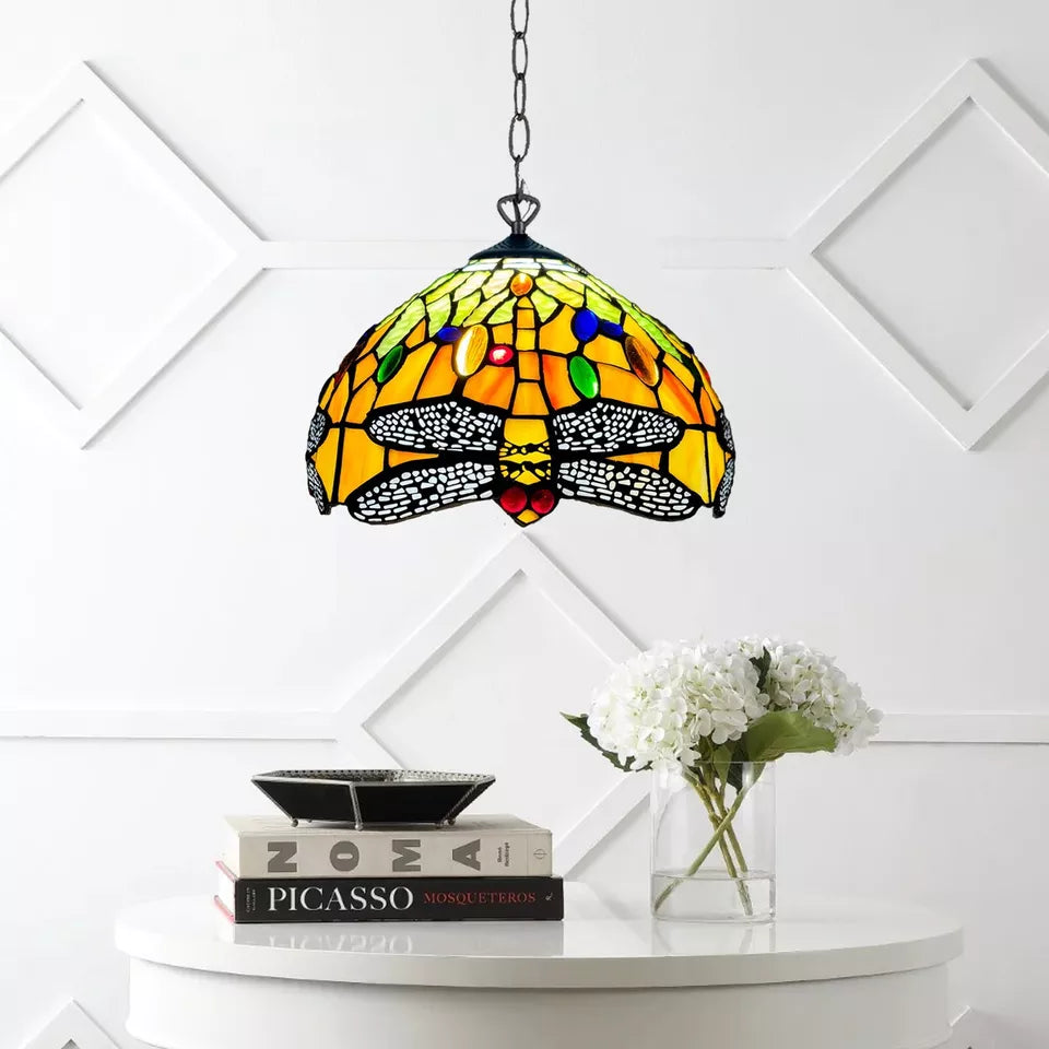 Dragonfly Tiffany Style Multicolor Pendant Lamp 10 inch Stained Glass Shade
