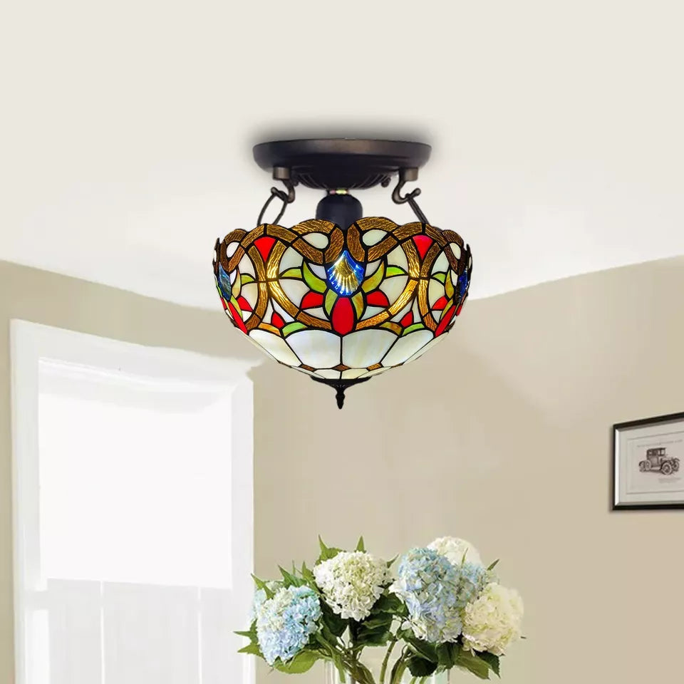 Multicolor 16 Inch Tiffany Style Ceiling Light Handcrafted Stained Glass