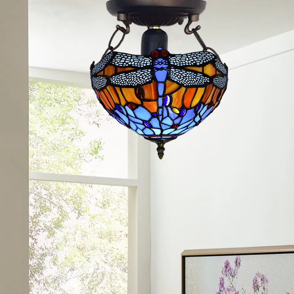 Tiffany Dragonfly Style Ceiling Lamp 10 inch Multicolored Stained Glass Shade