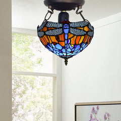 Tiffany Dragonfly Style Ceiling Lamp 10 inch Multicolored Stained Glass Shade