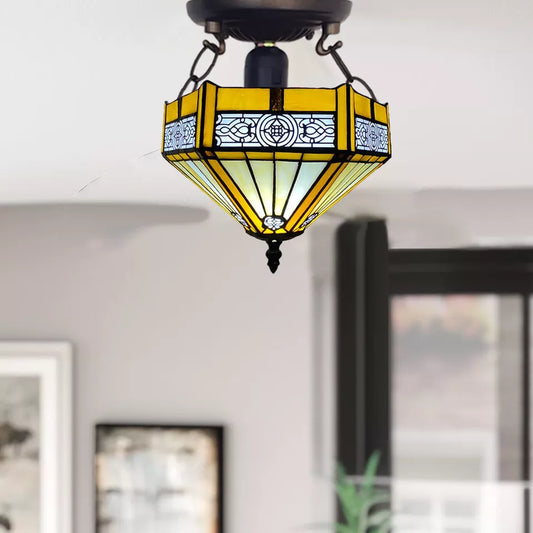 Tiffany Yellow Hexagon Ceiling Lamp 10 inch Stained Glass Shade Antique Style