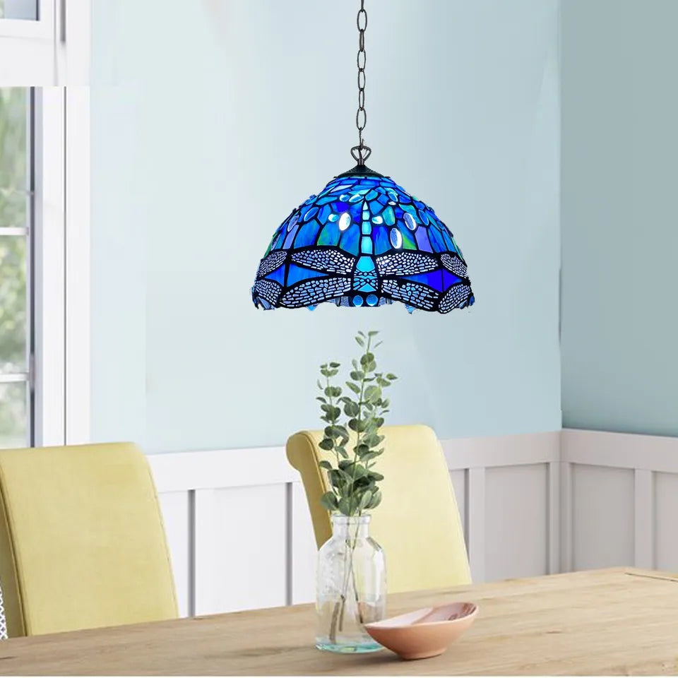 Blue & Black Dragonfly Tiffany Style Pendant Lamp 10 inch Stained Glass Shade
