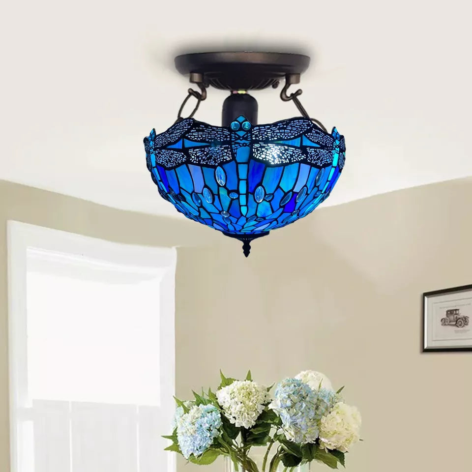 Ceiling Light Blue Dragonfly Tiffany Style 16-inch Stained Glass Shade UK