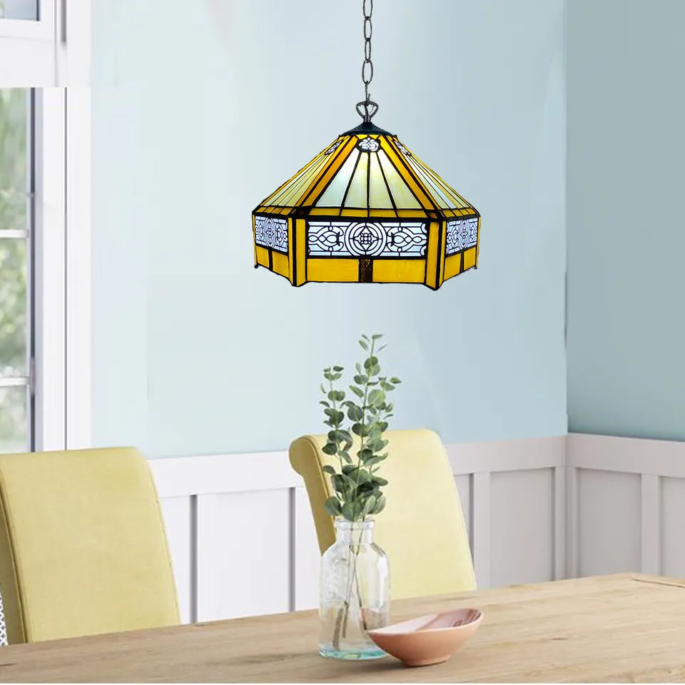 Yellow Hexagon Tiffany Style Stained Glass Shade 10 Inch Pendent Lamp Antique Style