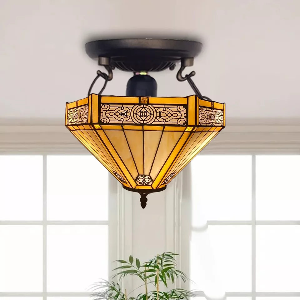 16 inch Stained Glass Yellow Hexagon Tiffany Style Ceiling Lamp Handmade