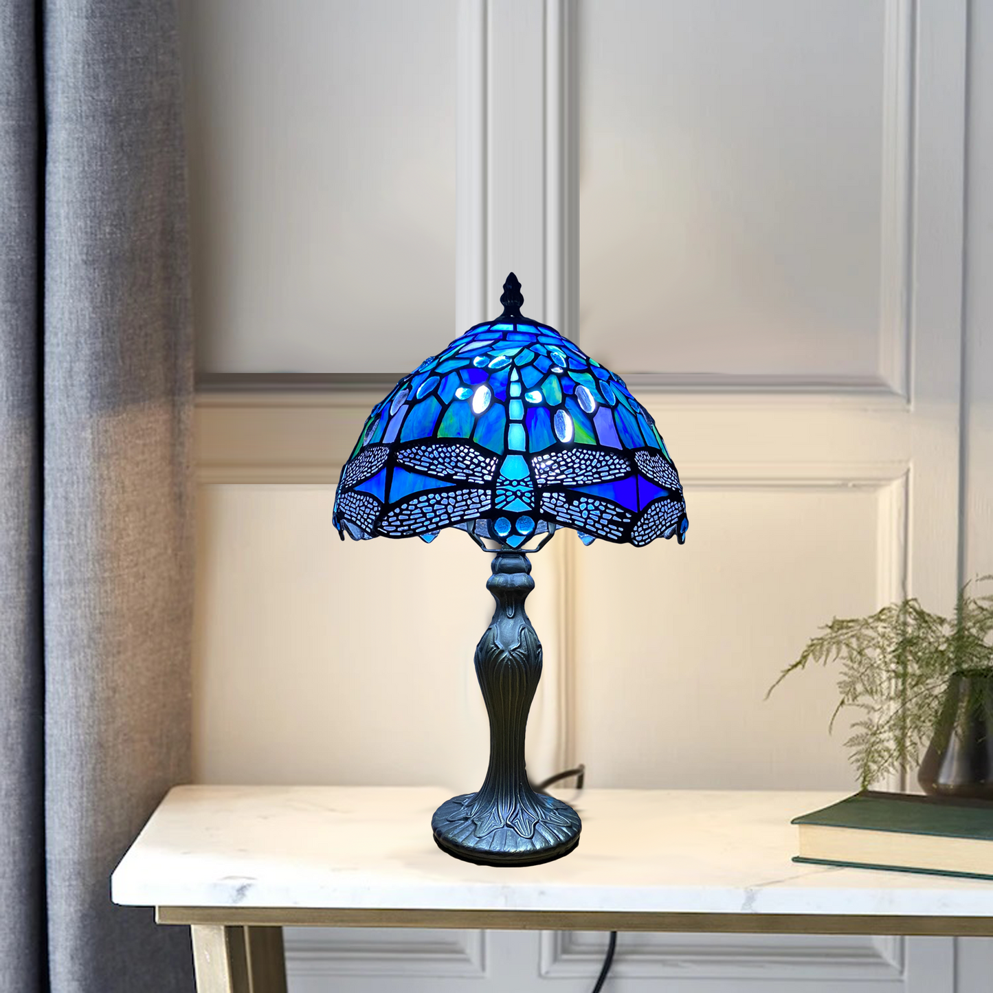 Blue Dragonfly Stained Glass Tiffany Style Table Lamp