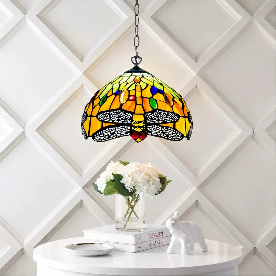 Dragonfly Tiffany Style Multicolor Pendant Lamp 10 inch Stained Glass Shade