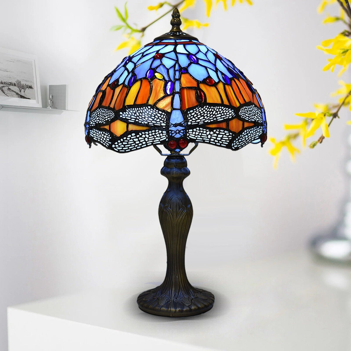 Vintage Tiffany Style Table Lamp Dragonfly Style 10 inch blue and orange Glass