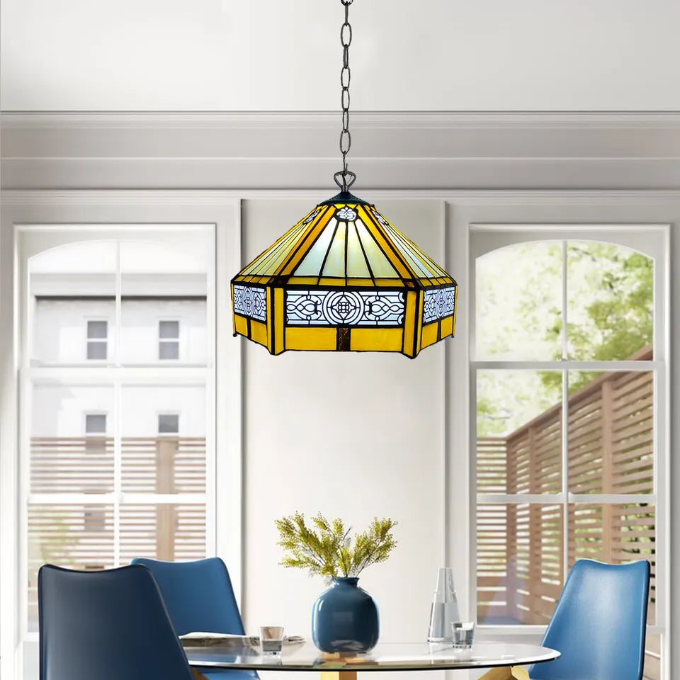 Yellow Hexagon Tiffany Style Stained Glass Shade 10 Inch Pendent Lamp Antique Style