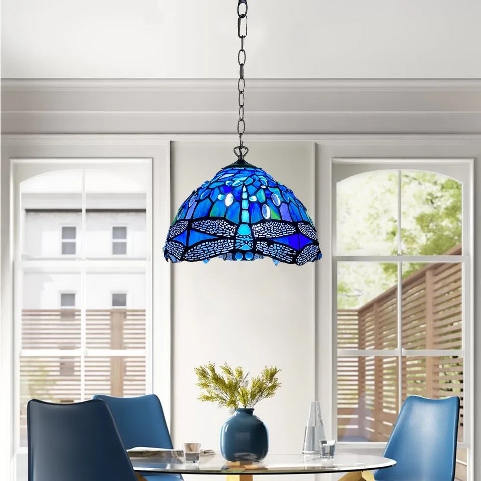 Blue & Black Dragonfly Tiffany Style Pendant Lamp 10 inch Stained Glass Shade