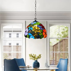 Tiffany 10 inch Flowered Style Pendant Lamp Multicolored Stained Glass Shade