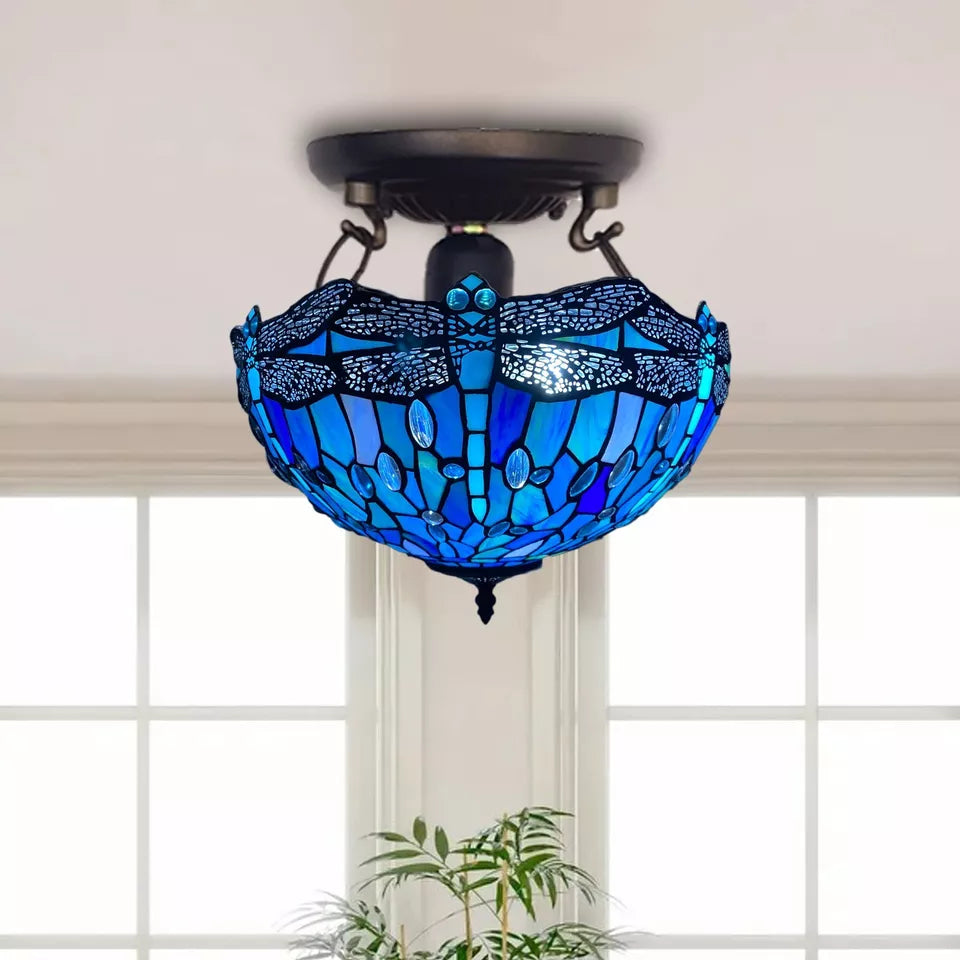 Ceiling Light Blue Dragonfly Tiffany Style 16-inch Stained Glass Shade UK