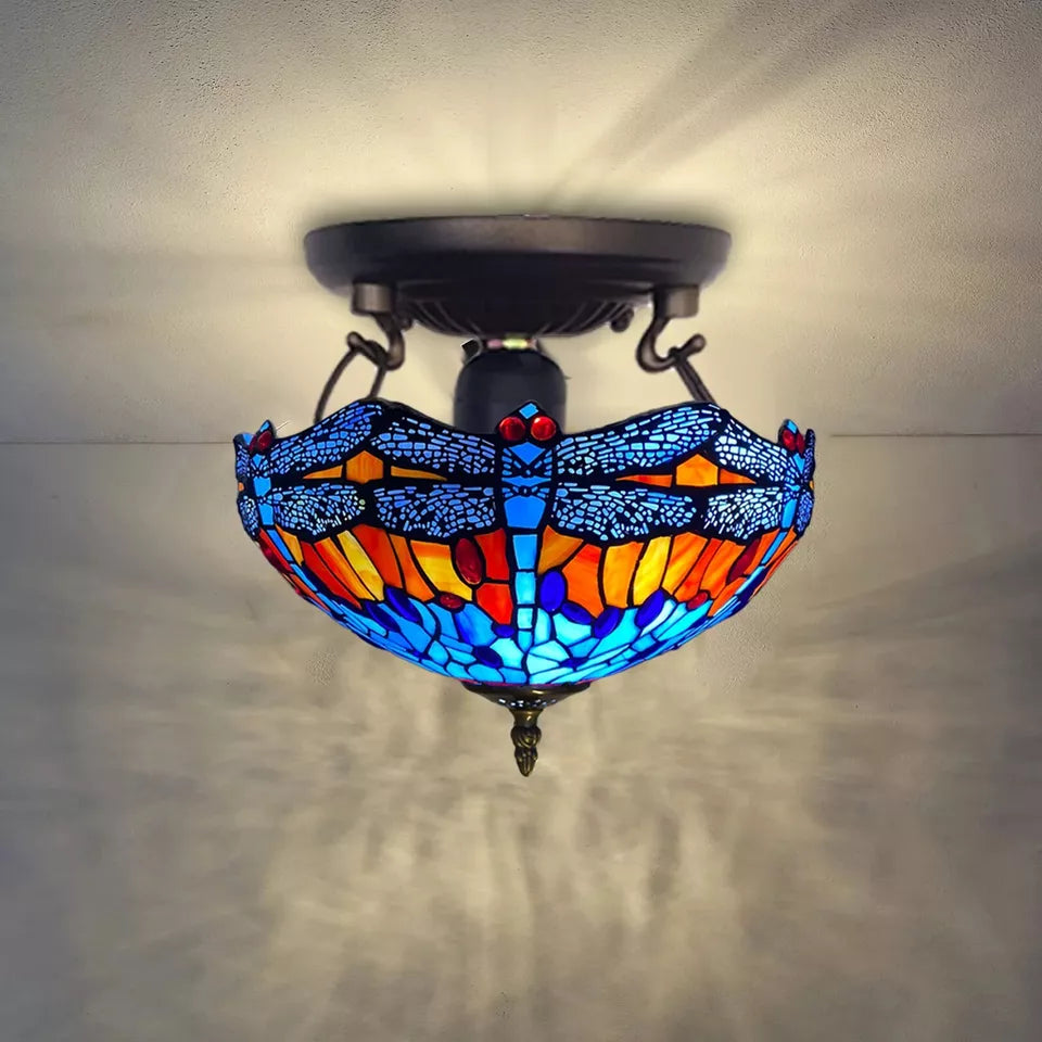 Blue & Orange Tiffany Dragonfly Style Ceiling Lamp 16 Inch Stained Glass Shade