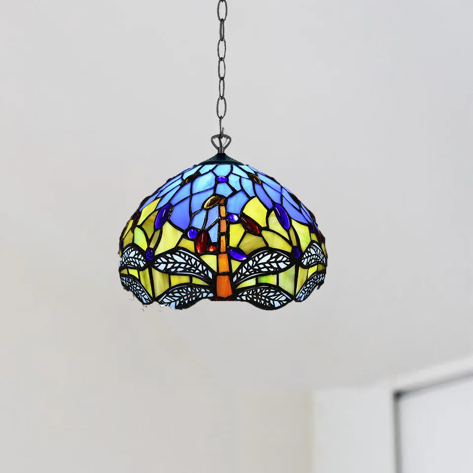 10 inch Blue & Yellow Antique Tiffany Style Pendant Lamp Dragonfly Stained Glass Shade