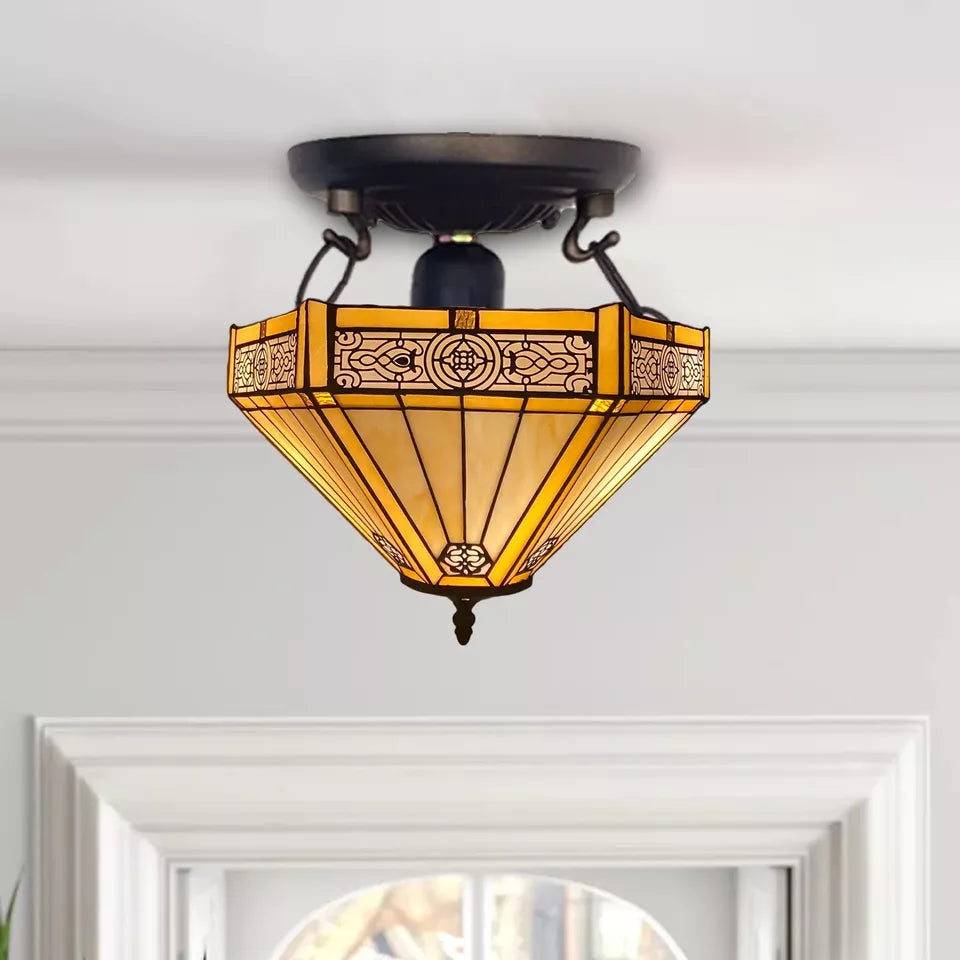 16 inch Stained Glass Yellow Hexagon Tiffany Style Ceiling Lamp Handmade