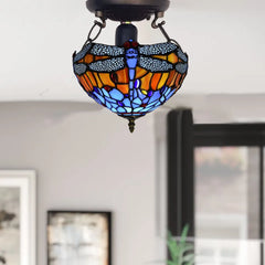 Tiffany Dragonfly Style Ceiling Lamp 10 inch Multicolored Stained Glass Shade