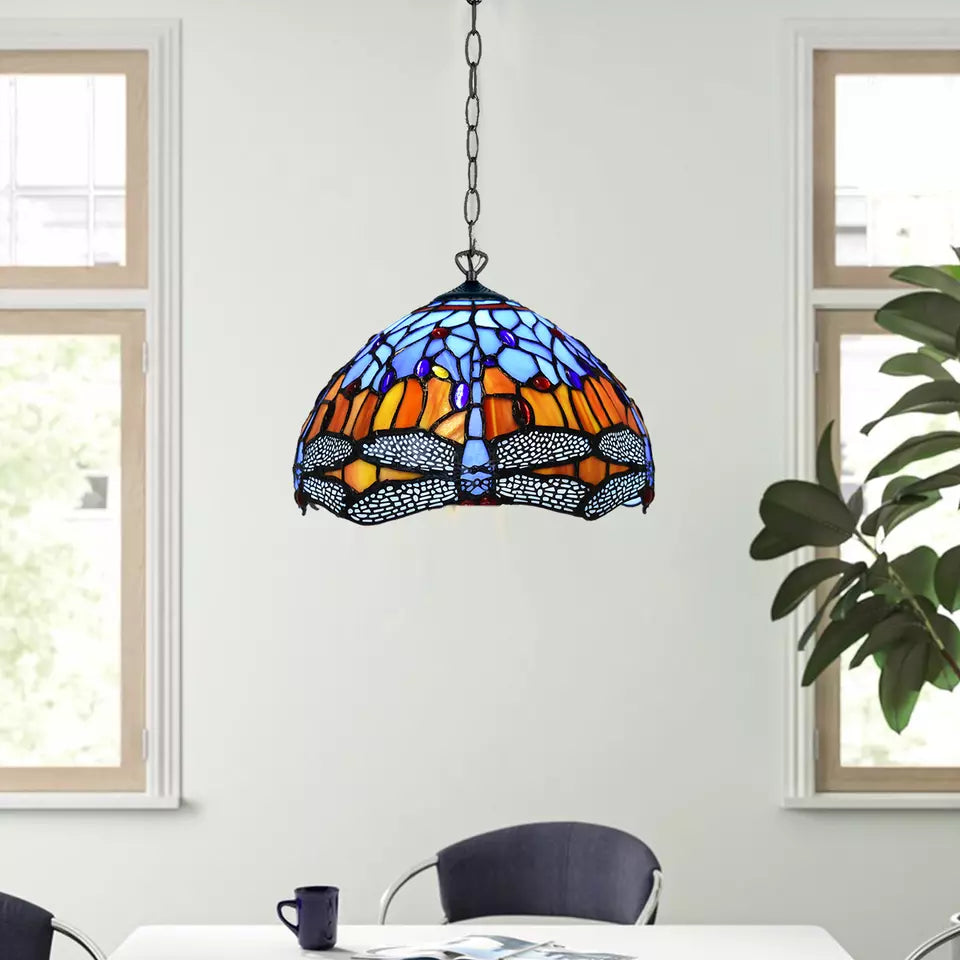 Blue & Orange Tiffany Style Pendant Lamp Dragonfly 10 inch Handmade Stained Glass