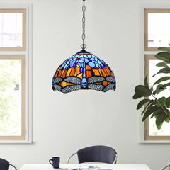 Blue & Orange Tiffany Style Pendant Lamp Dragonfly 10 inch Handmade Stained Glass