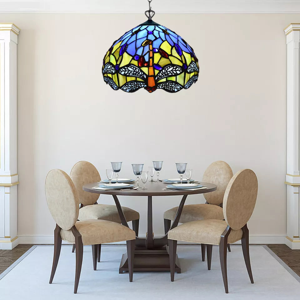 10 inch Blue & Yellow Antique Tiffany Style Pendant Lamp Dragonfly Stained Glass Shade