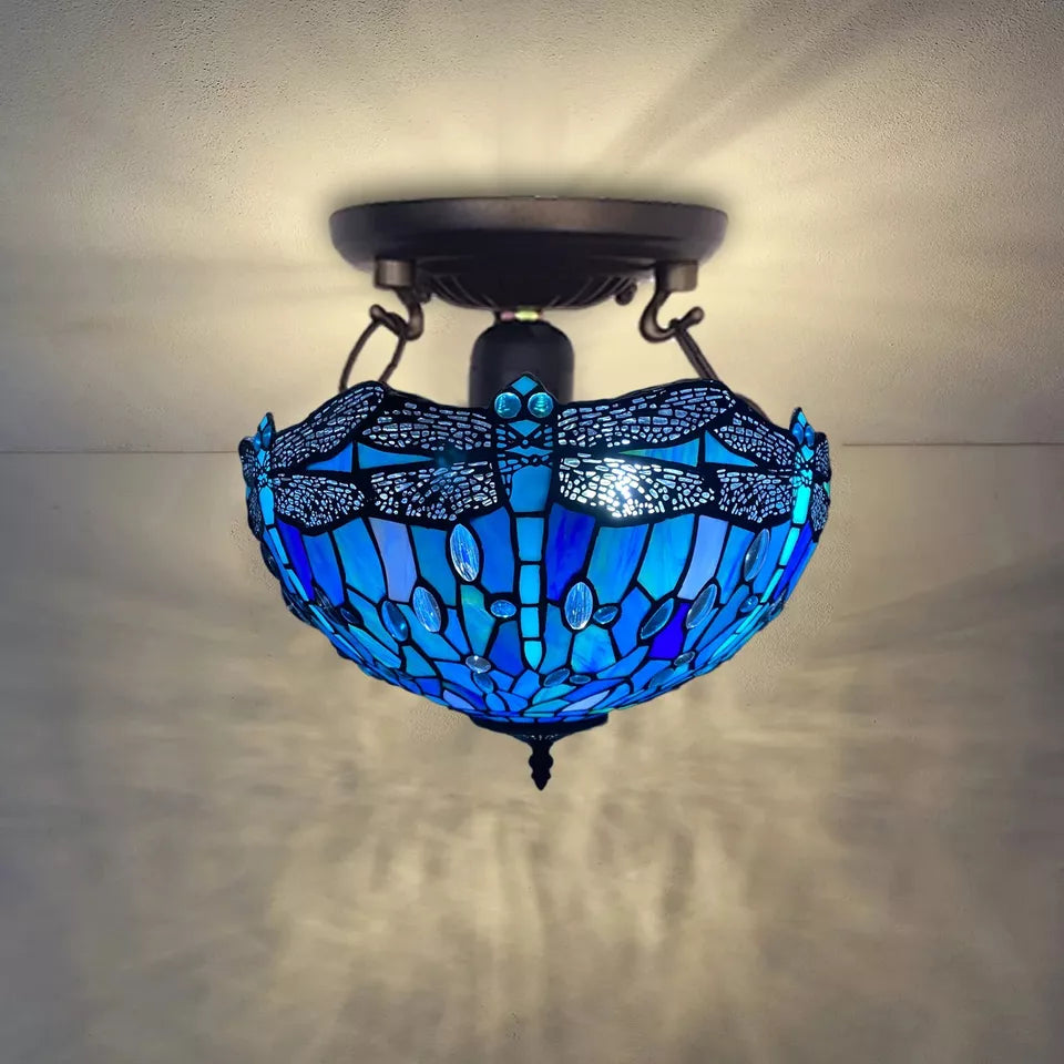 Ceiling Light Blue Dragonfly Tiffany Style 16-inch Stained Glass Shade UK