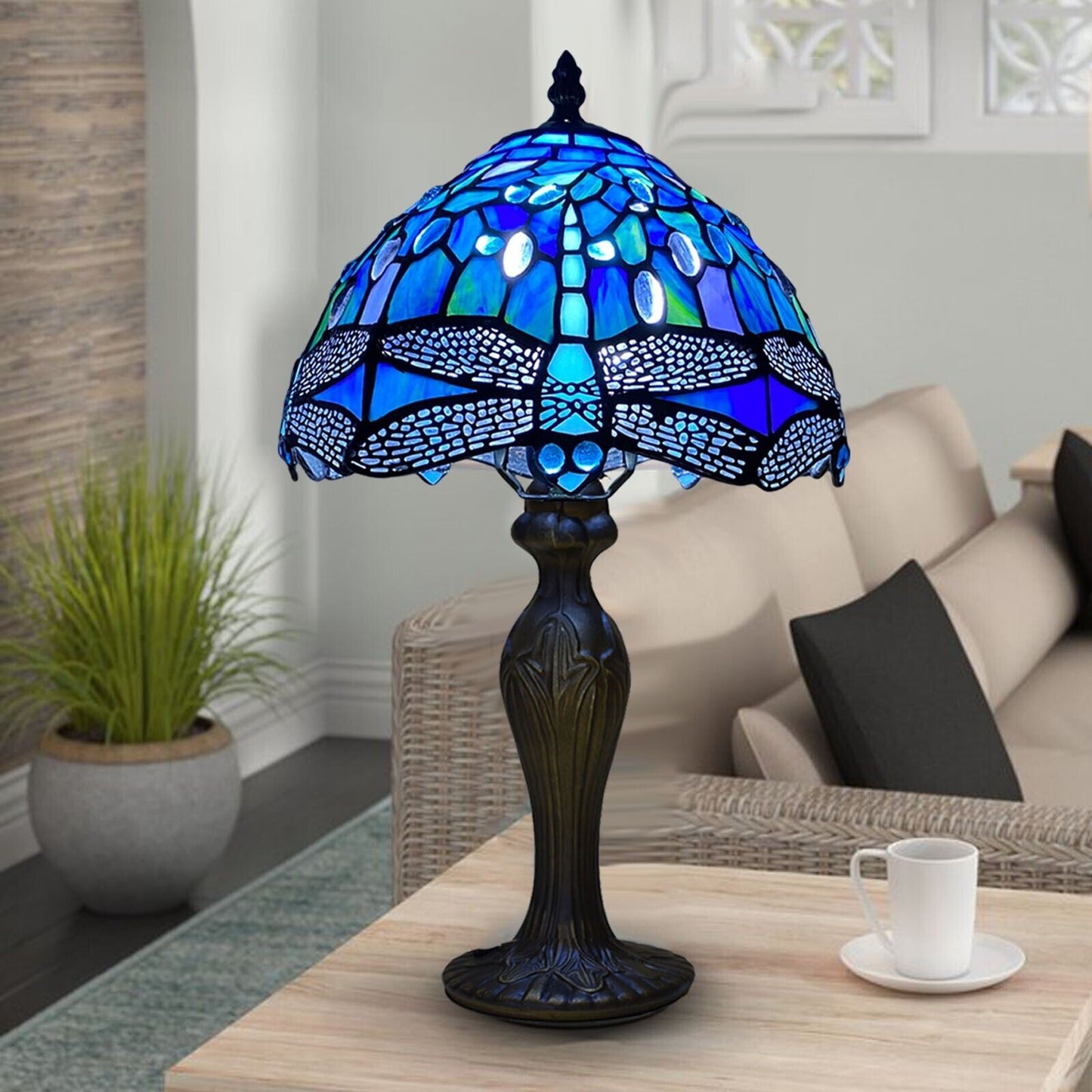 Blue Dragonfly Stained Glass Tiffany Style Table Lamp